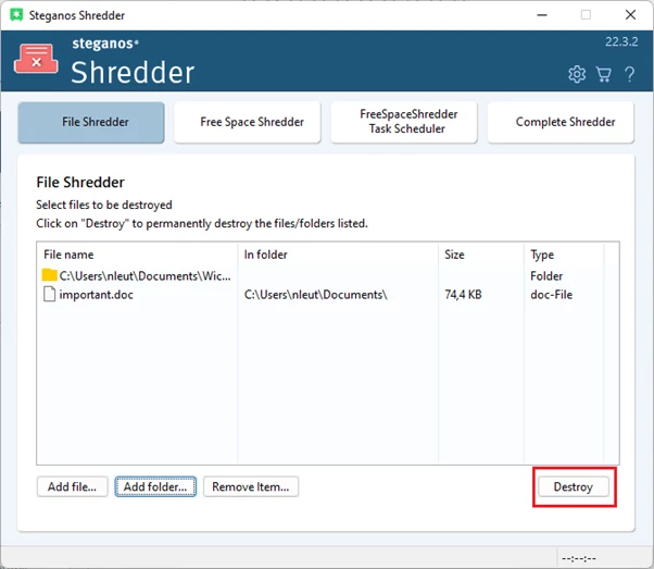 Steganos Shredder Select Files and Folders
