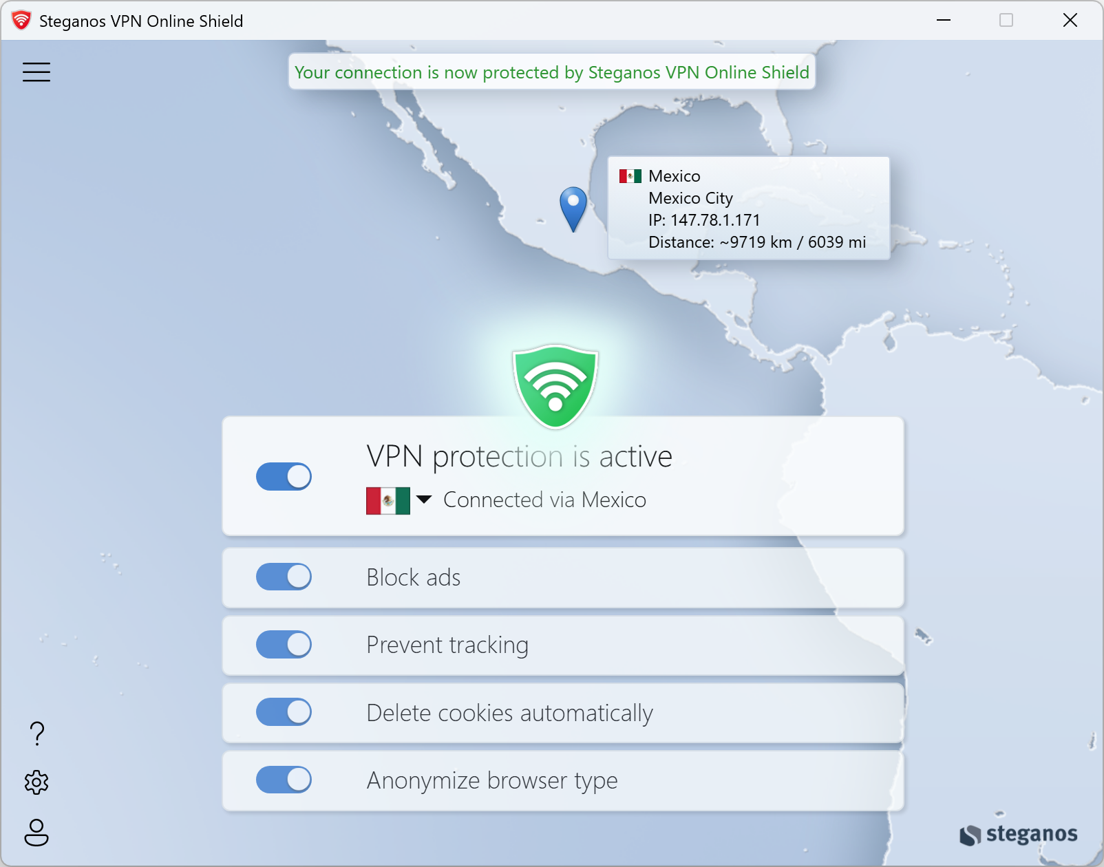 Steganos VPN Online Shield – четыре переключателя защиты в приложении для Windows