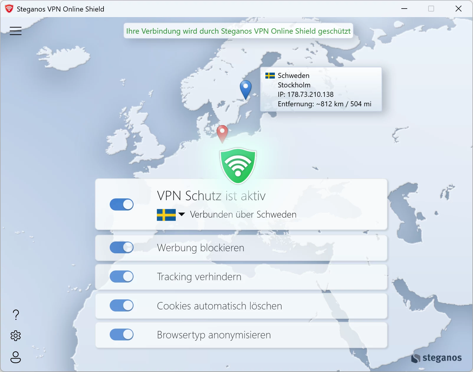 Steganos VPN Online Shield – die vier Schutzschalter in der Windows-App